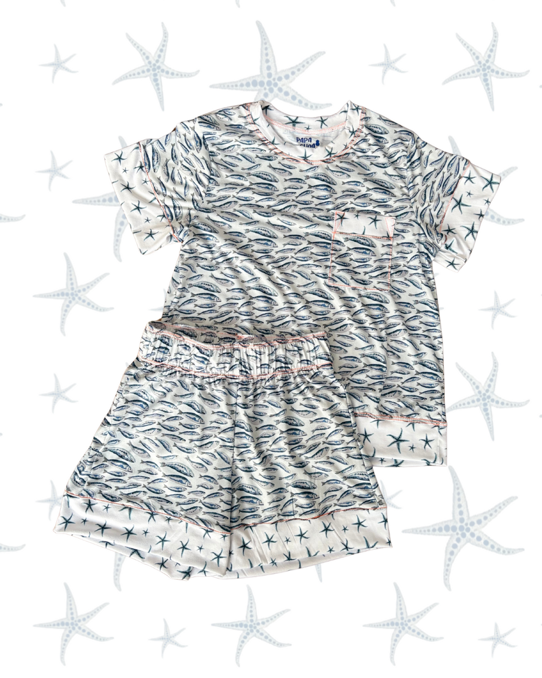 Pijama infantil de tela suave para pintar con estampados exclusivos de SARDINAS , short  y manga corta   – Papachoa México