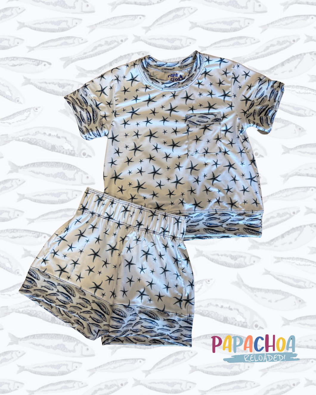 Pijama infantil de tela suave para pintar con estampados exclusivos  de ESTRELLAS DE MAR , short , cuello redondo  manga corta   – Papachoa México