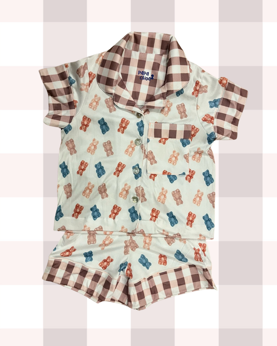 Pijama infantil de tela suave para pintar con estampados exclusivos de GUMMIE BEAR, short  y camisa  manga corta   – Papachoa México